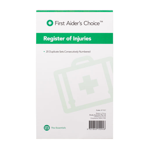 First Aider's Choice Register Of Injuries Book & Pen