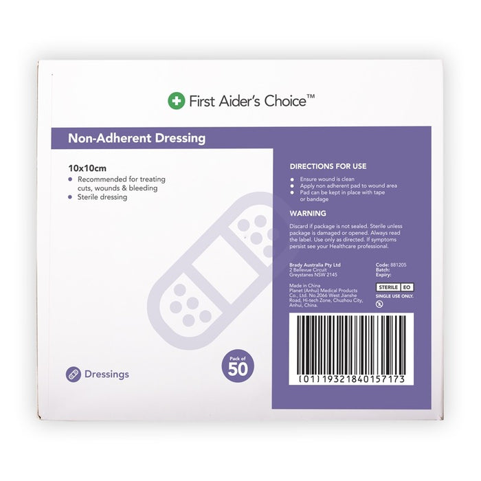 First Aiders Choice Non-Adherent Dressing, 10cm (W) x 10cm (H), Box of 50